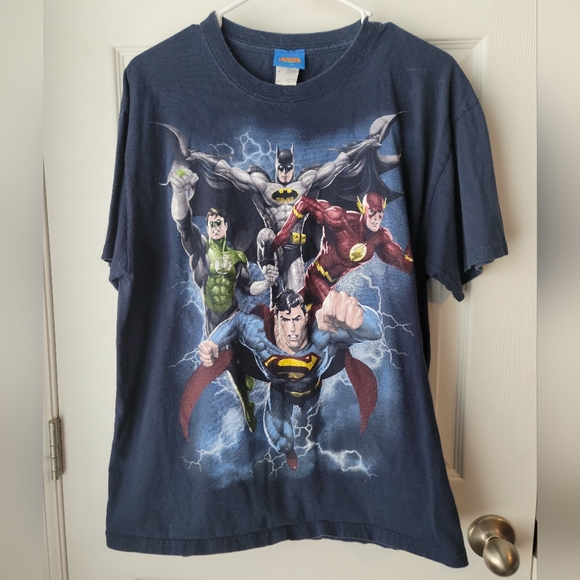 DC Comics Other - VINTAGE Justice League Shirt Mens L Blue Batman Super Hero DC Comics Movie Tee